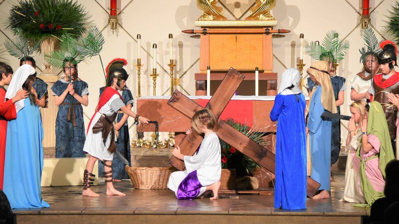 St Gabriel School students performed Living Stations of the Cross. Watch video of the program at https://stgabrielchurch.org/stationscl. (Photo via Facebook)